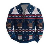 Sweatshirt de Noël pour homme avec fermeture éclair, chemise de Noël drôle, renne, T-shirts de Noël amusants à manches longues Pull de Noël à manches longues pour automne et hiver, bleu clair, XXL