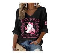 Sweatshirt décontracté pour femme en octobre nous portons rose Halloween fantôme sweat gaufré manches longues col en V, Noir , L