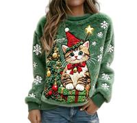 Sweatshirt en flanelle pour femme avec imprimé chat de Noël, pull-over mignon et original à col rond, hauts confortables et festifs, vêtements d'hiver décontractés, mode douce et chaude pour les fêtes