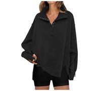 Sweatshirt Femme Col V Boutonné Patchwork Vintage Oversize Sans Capuche Col Roulé Manches Longues Coupe Ample Confortable Chic Élégant pour Quotidien Shopping Voyage Sport Printemps Automne Hiver (S)