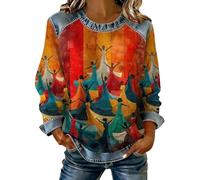 Sweatshirt Femme Jeans Haut Denim Patchwork Pull Celebration Afro-Américain T-shirt Ample Manches Longues Élégant Col Rond Tops Vêtements Tendance Y2K Streetwear