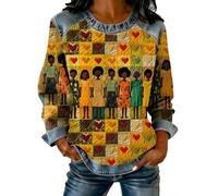 Sweatshirt Femme Jeans Haut Denim Patchwork Pull Celebration Afro-Américain T-shirt Ample Manches Longues Élégant Col Rond Tops Vêtements Tendance Y2K Streetwear