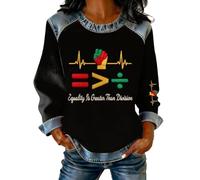 Sweatshirt Femme Jeans Haut Denim Patchwork Pull Celebration Afro-Américain T-shirt Ample Manches Longues Élégant Col Rond Tops Vêtements Tendance Y2K Streetwear