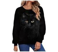Sweatshirt Femme Manches Longues Avec Chat Imprimé Col Rond Grandes Tailles Doux Pull Femme Oversize Hiver Sans Capuche Manches Longues Motif Animal Imprimé Vêtements Décontractés, Noir , S
