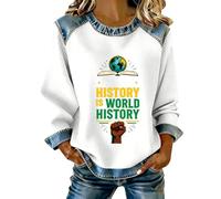 Sweatshirt Femme Mois de L'Histoire Des Noirs, Col Rond Manches Longues Raglan, Pull Oversize | Sweat-Shirt en Waffle, Empiècements Denim Col Poignets Bas | Motif Culturel, Mi-Saison Début Hiver