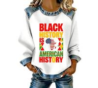 Sweatshirt Femme Mois de L'Histoire Des Noirs, Col Rond Manches Longues Raglan, Pull Oversize | Sweat-Shirt en Waffle, Empiècements Denim Col Poignets Bas | Motif Culturel, Mi-Saison Début Hiver