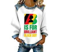 Sweatshirt Femme Mois de L'Histoire Des Noirs, Col Rond Manches Longues Raglan, Pull Oversize | Sweat-Shirt en Waffle, Empiècements Denim Col Poignets Bas | Motif Culturel, Mi-Saison Début Hiver