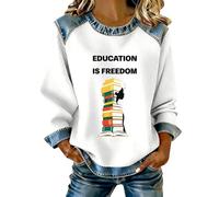 Sweatshirt Femme Mois de L'Histoire Des Noirs, Col Rond Manches Longues Raglan, Pull Oversize | Sweat-Shirt en Waffle, Empiècements Denim Col Poignets Bas | Motif Culturel, Mi-Saison Début Hiver