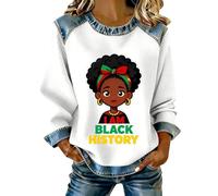 Sweatshirt Femme Mois de L'Histoire Des Noirs, Col Rond Manches Longues Raglan, Pull Oversize | Sweat-Shirt en Waffle, Empiècements Denim Col Poignets Bas | Motif Culturel, Mi-Saison Début Hiver