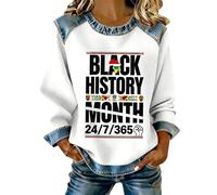 Sweatshirt Femme Mois de L'Histoire Des Noirs, Col Rond Manches Longues Raglan, Pull Oversize | Sweat-Shirt en Waffle, Empiècements Denim Col Poignets Bas | Motif Culturel, Mi-Saison Début Hiver