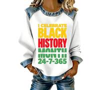 Sweatshirt Femme Mois de L'Histoire Des Noirs, Col Rond Manches Longues Raglan, Pull Oversize | Sweat-Shirt en Waffle, Empiècements Denim Col Poignets Bas | Motif Culturel, Mi-Saison Début Hiver
