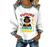 Sweatshirt Femme Mois de L'Histoire Des Noirs, Col Rond Manches Longues Raglan, Pull Oversize | Sweat-Shirt en Waffle, Empiècements Denim Col Poignets Bas | Motif Culturel, Mi-Saison Début Hiver