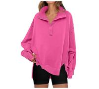 Sweatshirt Femme Patchwork Grand Col V Boutonné Vintage Sans Capuche Col Roulé Manches Longues Oversize Coupe Ample Confortable 100% Polyester Doux Élastique pour Shopping Voyage Sport Travail (L)