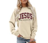 Sweatshirt Jésus | Pull col rond de foi chrétienne, Pull Jésus est le Chemin, la Vérité et la Vie pour femmes, Hoodie doux d'automne pour dammes vêtement d'intérieur en polaire douce(Beige,XXL)