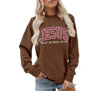 Sweatshirt Jésus | Pull col rond de foi chrétienne, Pull Jésus est le Chemin, la Vérité et la Vie pour femmes, Hoodie doux d'automne pour dammes vêtement d'intérieur en polaire douce(Brun,XL)