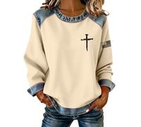 Sweatshirt patchwork en denim pour femmes, décontracté, croix chrétienne, drapeau américain, chemise tendance, bloc de couleur, pull à manches longues, beige, M