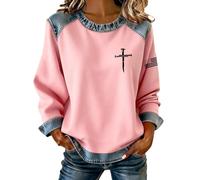 Sweatshirt patchwork en denim pour femmes, décontracté, croix chrétienne, drapeau américain, chemise tendance, bloc de couleur, pull à manches longues, rose, XL