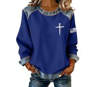 Sweatshirt patchwork en denim pour femmes, décontracté, croix chrétienne, drapeau américain, chemise tendance, bloc de couleur, pull à manches longues, bleu, XL