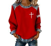 Sweatshirt patchwork en denim pour femmes, décontracté, croix chrétienne, drapeau américain, chemise tendance, bloc de couleur, pull à manches longues, Rouge, XL