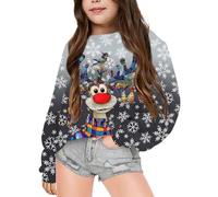 Sweatshirts de Noël Moche pour Enfant avec Rigolo Renne Imprimés Pull Manches Longues Col Ras du Cou De Noels Veste d'hiver Enfants pour Filles Cadeaux de Noëls 2-12 Ans