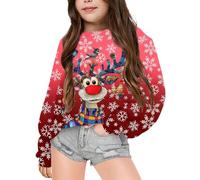 Sweatshirts de Noël Moche pour Enfant avec Rigolo Renne Imprimés Pull Manches Longues Col Ras du Cou De Noels Veste d'hiver Enfants pour Filles Cadeaux de Noëls 2-12 Ans