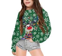Sweatshirts de Noël Moche pour Enfant Fille avec Rigolo Renne Imprimés, Cadeaux Noëls Pull Manches Longues Col Ras du Cou De Noels Veste d'hiver Enfants pour Filles 2-12 Ans