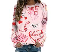 Sweatshirts de Saint-Valentin pour femmes Amour Cœur Lettres Imprimées Sweatshirt Ample Col Rond Graphique Pull-over T-shirts, Rose, L