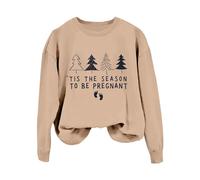 Sweatshirts Femme à Manches Longues Imprimé Tis The Season to Be Pregnant Noël Hiver Sweat Shirt Femme Décontracté Solid Color Vêtement Chaud(Khaki, XL)