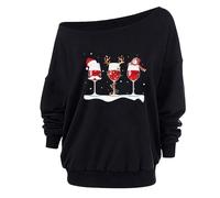 Sweatshirts Femme Pull décontracté à Manches Longues pour Femme, col incliné, Motif imprimé de Noël, Pull d'hiver, Haut Chemisier Sweatshirts Femme Vetement Femme Sport Fitness (Black, XL)