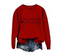 Sweatshirts pour femmes grande taille « Life Is Better With My Boys » - Sweat-shirt imprimé amusant à manches longues - Pull décontracté - Chemisier de travail pour femme, Sweat-shirts courts rouges