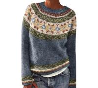 Sweatshirts pour femmes UK Pull tricoté imprimé île rétro décontracté ample col rond manches longues léger court pull tops pulls, bleu, 5XL