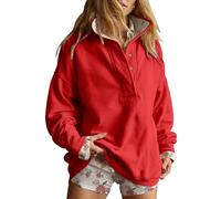 Sweatshirts pour femmes UK surdimensionnés à manches longues pour femme col en V col boutonné quart décontracté coupe décontractée mode uni basique sans capuche pull tops vêtements d'hiver, 1-Rouge