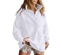 Sweatshirts pour femmes UK surdimensionnés à manches longues pour femme col en V col boutonné quart décontracté coupe décontractée mode uni basique sans capuche pull tops vêtements d'hiver, 3-Blanc, S