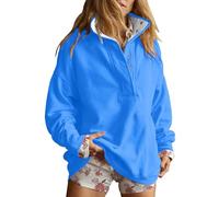 Sweatshirts pour femmes UK surdimensionnés à manches longues pour femme col en V col boutonné quart décontracté coupe décontractée mode uni basique sans capuche pull tops vêtements d'hiver, 3-Bleu, M