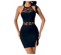 SweatyRocks Bodycon Robe courte en maille pour femme - Robe élégante avec fente - Robe d'été dos nu - Robe de fête - Robe sans manches, Noir , M