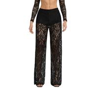 SweatyRocks Pantalon d'été aéré pour femme - Pantalon long en dentelle - Sexy - Transparent - Tenue de rave - Pantalon Techno - Pantalon de fête, Noir , XS
