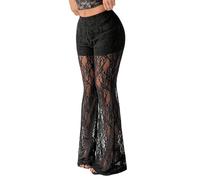 SweatyRocks - Pantalon patte d'éléphant transparent pour femme - Tenue sexy pour rave - Pantalon techno avec dentelle - Élégant - Pantalon d'été pour festival - Pantalon en dentelle, Noir , XS