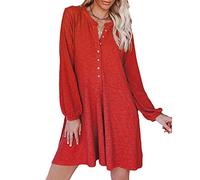Sweatyshark Robe Décontractée Femme Mi-Longue à Manches Longues T-Shirt Robes Col en V avec Boutton Chic d'automne et d'hiver Casual Mini Sexy de Cocktail Élégante, Rouge, M