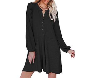 Sweatyshark Robe Décontractée Femme Robe Mi-Longue à Manches Longues T-Shirt Robes Col en V avec Boutton Chic Robe d'automne et d'hiver Casual Mini Robe Sexy Robe de Cocktail Casual Élégante