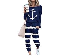 Sweatyshark Survêtement Femme Ensemble de Sport 2 Pièce Sweatshirt + Pantalon avec Poches Casual Pyjama D'Intérieur Jogging Pullover Outwear Tenue Yoga Sportswear,C Bleu Marine,XL
