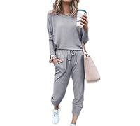 Sweatyshark Survêtement Femme Ensemble de Sport 2 Pièce Sweatshirt + Pantalon avec Poches Casual Pyjama D'Intérieur Jogging Pullover Outwear Tenue Yoga Sportswear,A Gris clair,L