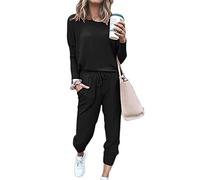 Sweatyshark Survêtement Femme Ensemble de Sport 2 Pièce Sweatshirt + Pantalon avec Poches Casual Pyjama D'Intérieur Jogging Pullover Outwear Tenue Yoga Sportswear,A Noir,3XL