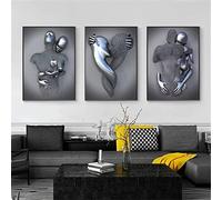 SWECOMZE Lot de 3 posters d'art modernes - Figurine 3D en métal - Amour Cœur Baiser - Sans cadre - Décoration murale pour salon (A,50 x 70 cm)