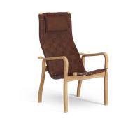 Swedese Fauteuil haut Primo avec repose-nuque chêne huilé Bande en cuir brun-rouge