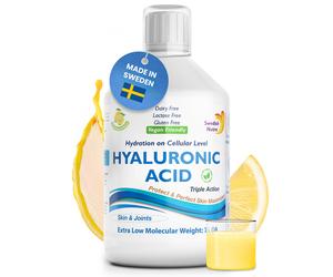 Swedish Nutra Acide Hyaluronique Liquide, 500 ml, avec vitamine C et silice, pour soutenir l’hydratation de la peau et la fonction articulaire, vegan, sans sucre, sans gluten