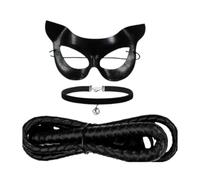 Sweeaau Costume de chat noir 3 pièces pour bal masqué, cloches, fouet ras du cou pour déguisement, fête, cosplay, Halloween, costume noir