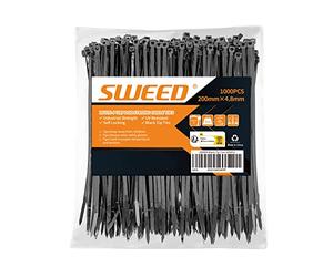 SWEED 200mm Riselant Noir, 1000pcs Serre Cables Robustes, Serre-Câbles Resistant à La Traction De 22kg, Collier de Serrage Anti-UV, Usage En Intérieur Et Extérieur