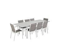sweeek Alice's Garden - Table de Jardin Extensible Aluminium + 8 assises - Chicago Blanc/Taupe - Table Extensible 175/245cm avec rallonge et 8 assises en textilène