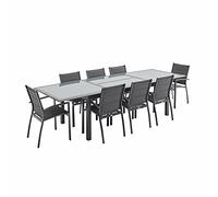 sweeek Alice's Garden - Table de Jardin Extensible Aluminium + 8 assises Gris Anthracite - Table en Aluminium 200/300cm. Plateau de Verre. rallonge et 8 fauteuils en textilène