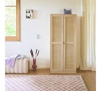 sweeek - Armoire Dressing cannage et Effet Bois. 2 Portes avec penderie et rangements